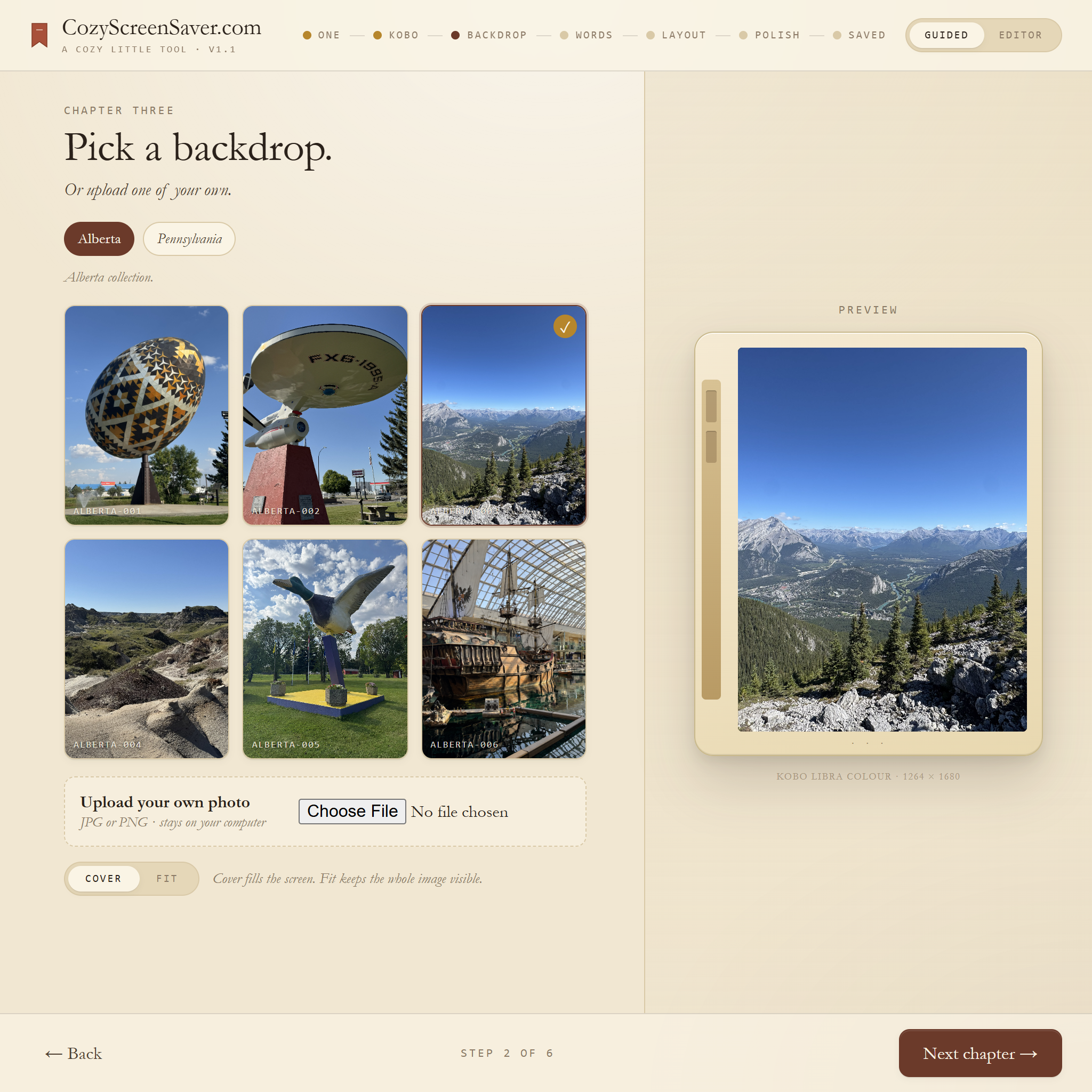 Background picker with image thumbnails and a Kobo preview