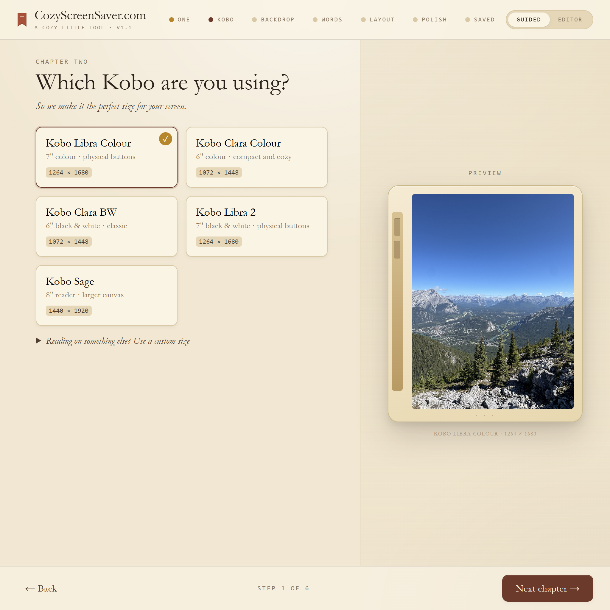 Device selection screen showing Kobo model choices and a preview