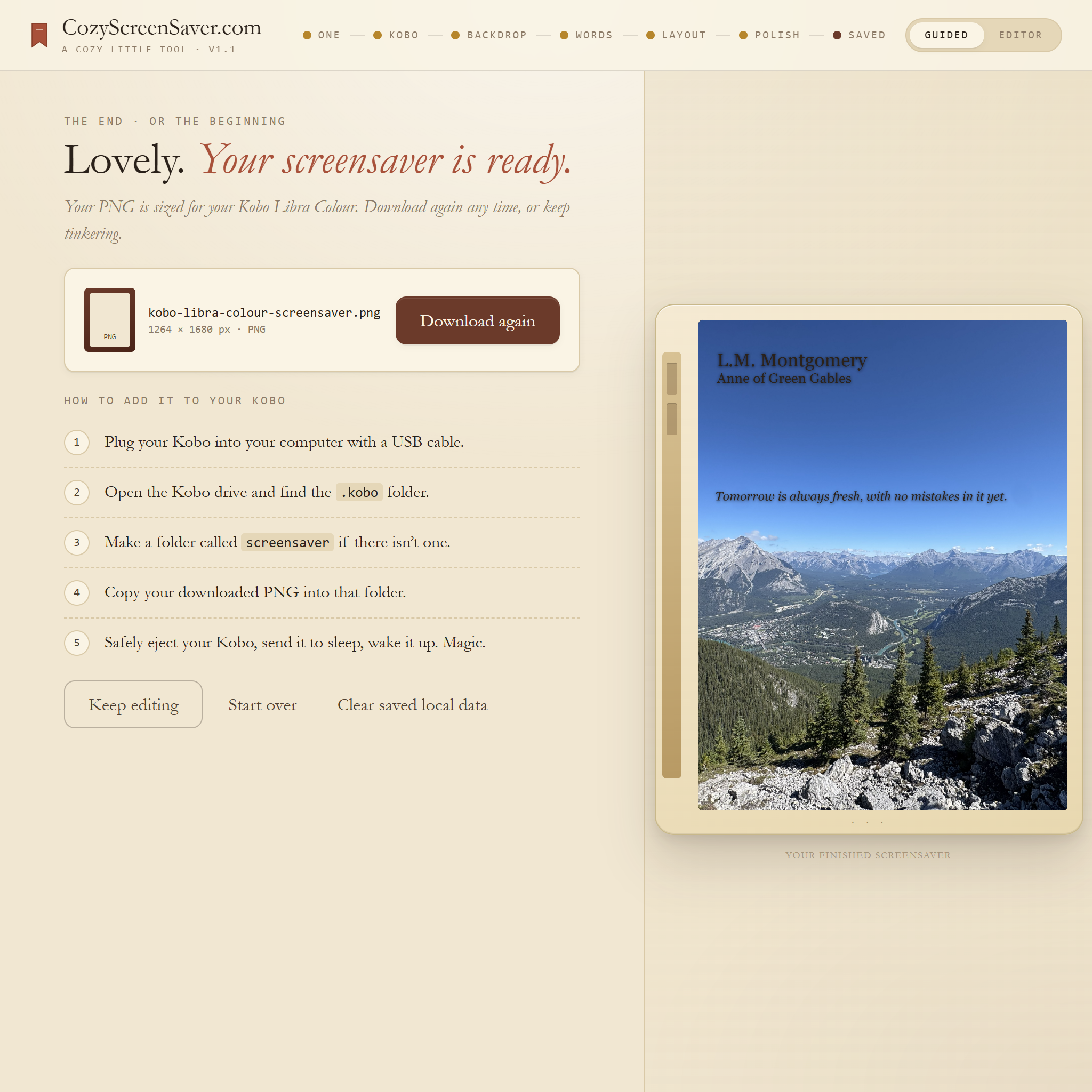 Export screen showing download and Kobo copy instructions
