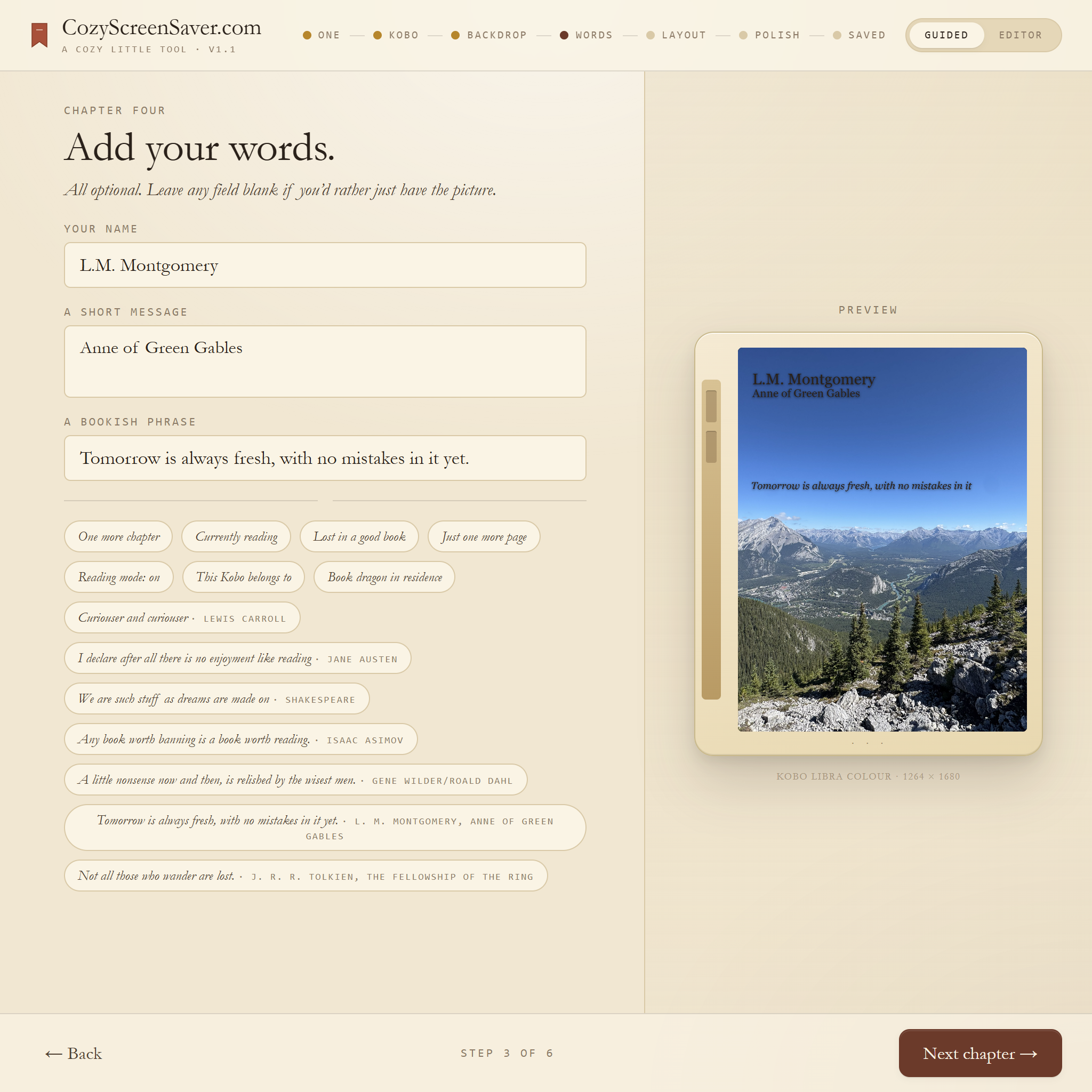 Text entry screen with name, message, bookish phrase, and preview
