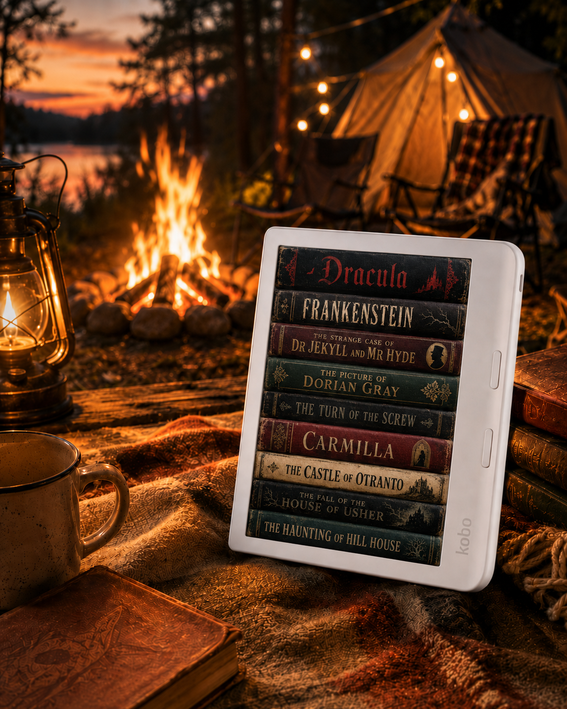 Kobo screensaver mockup at a cozy campfire reading scene